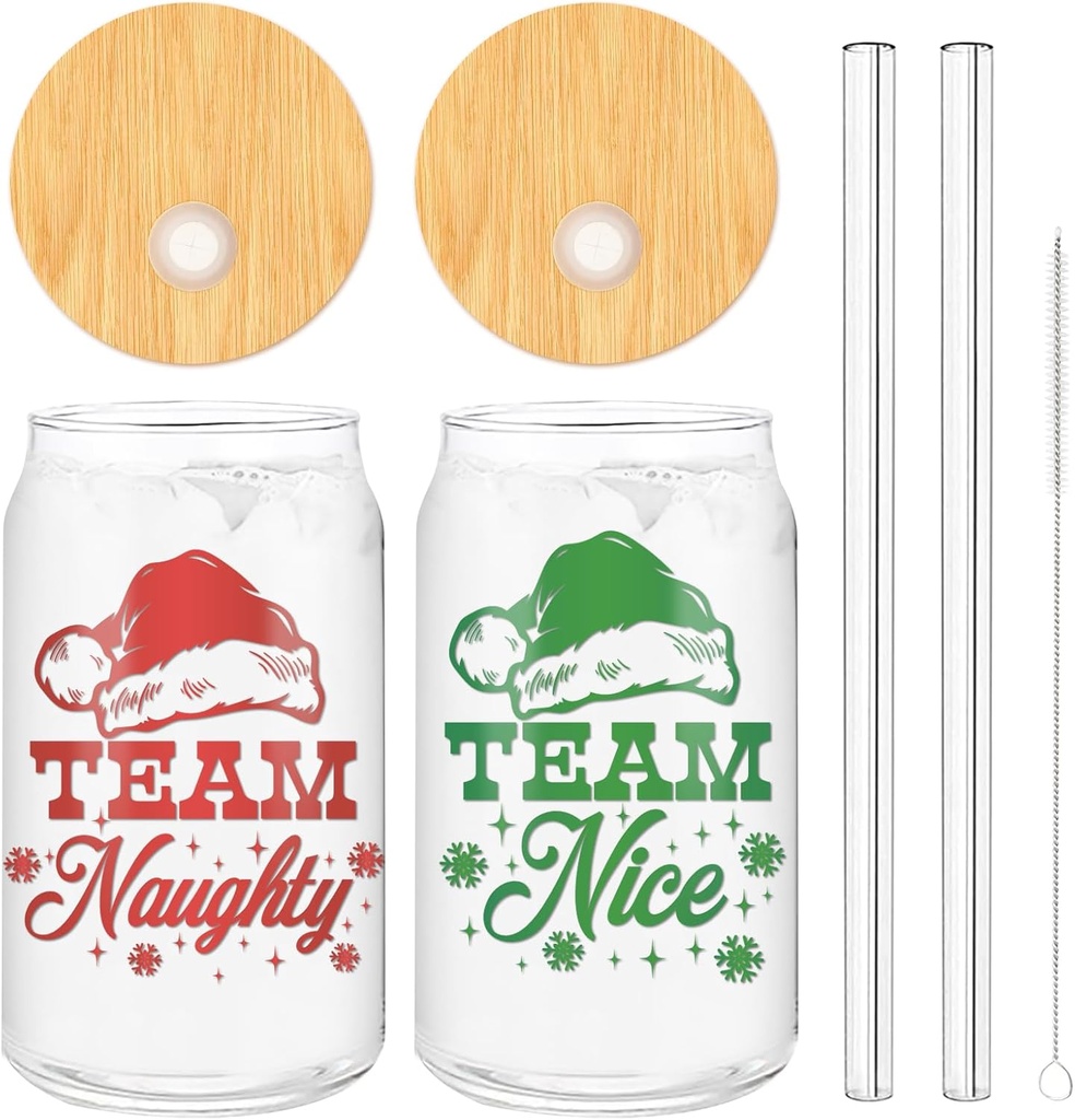 2 Pack Christmas Iced Coffee Cup Team Naughty or Nice Beer Can Glass Red Green Xmas Glass Cup with Lid Straw for Home Office Gifts,16oz