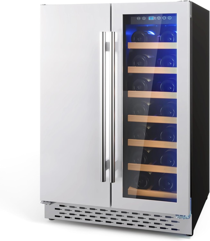 GarveeLife Low Noise 24 in Built In Wine and Beverage Fridge - 20 Bottle & 72 Dual Zone Wine Cooler Refrigerator with Glass & Stainless Steel Door, 35-64°F Drink Fridge with Light for Bar, Bedroom