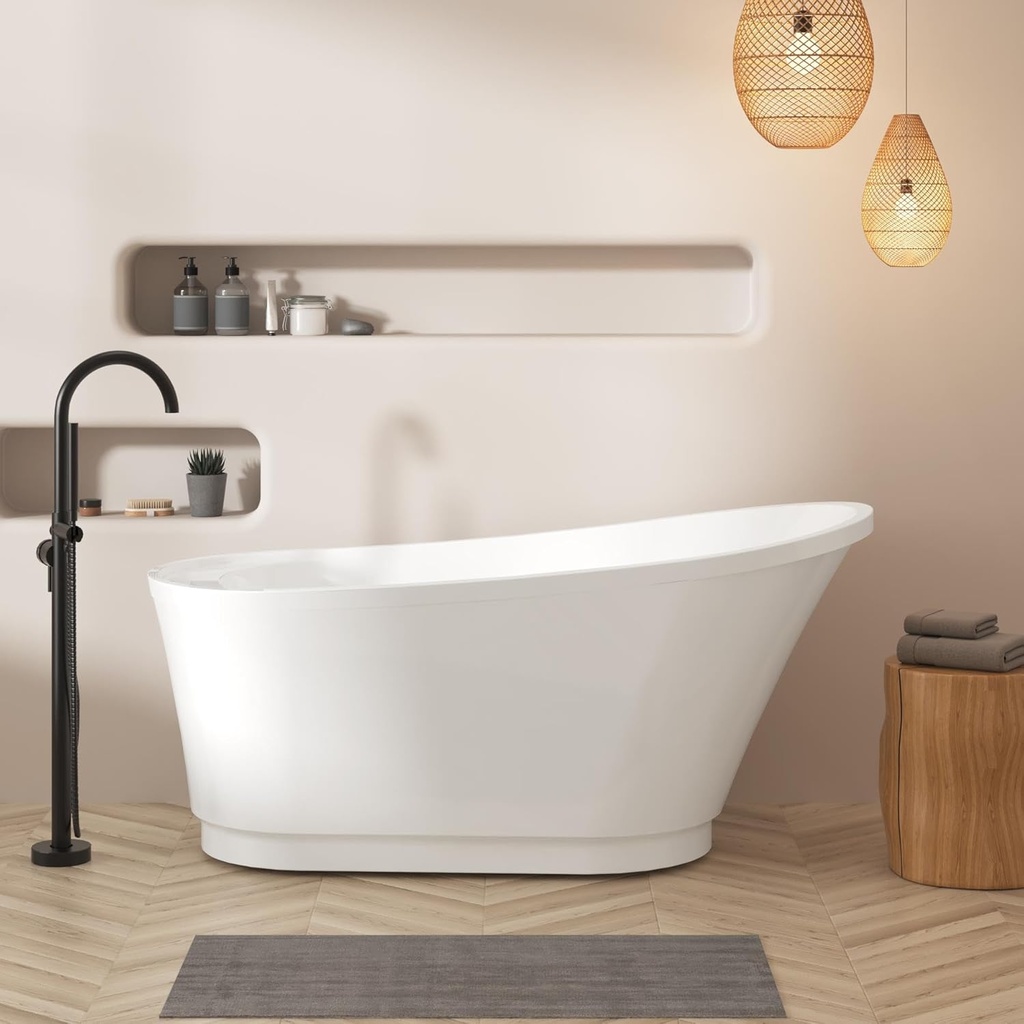 FerdY Langkawi 59" Acrylic Freestanding Bathtub, White Modern Stand Alone Soaking Bathtub, cUPC Certified, Brushed Nickel Drain and Minimalist Linear Design Overflow Included