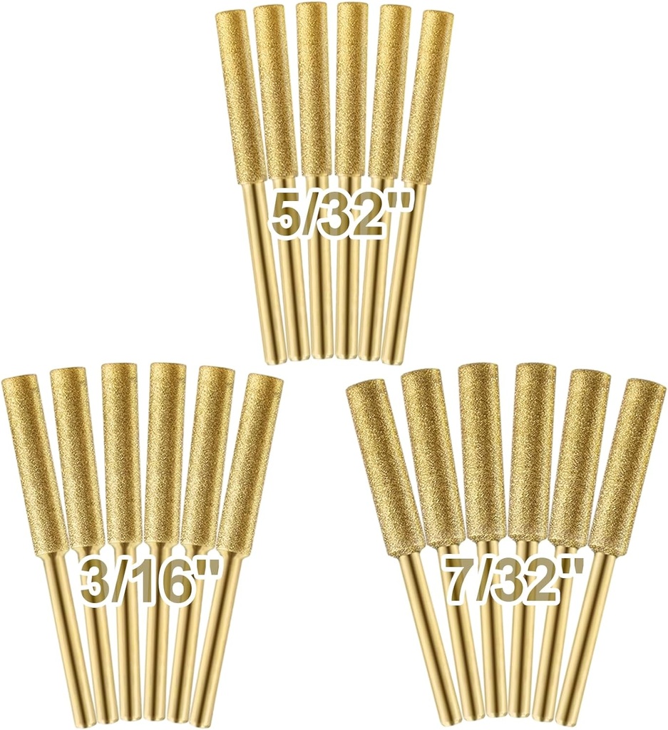 18pcs High Hardness Titanium Plated Chainsaw Sharpener Bits for Chain, Including 5/32''x 6, 3/16''x 6, 7/32''x 6pcs