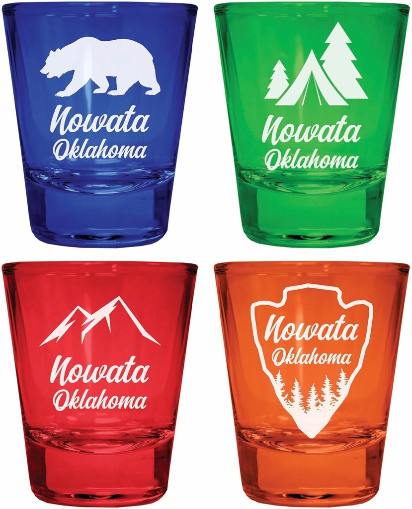 Nowata Oklahoma Souvenir 4-Pack Multicolor Engraved Round Shot Glasses Camping and Outdoors Set