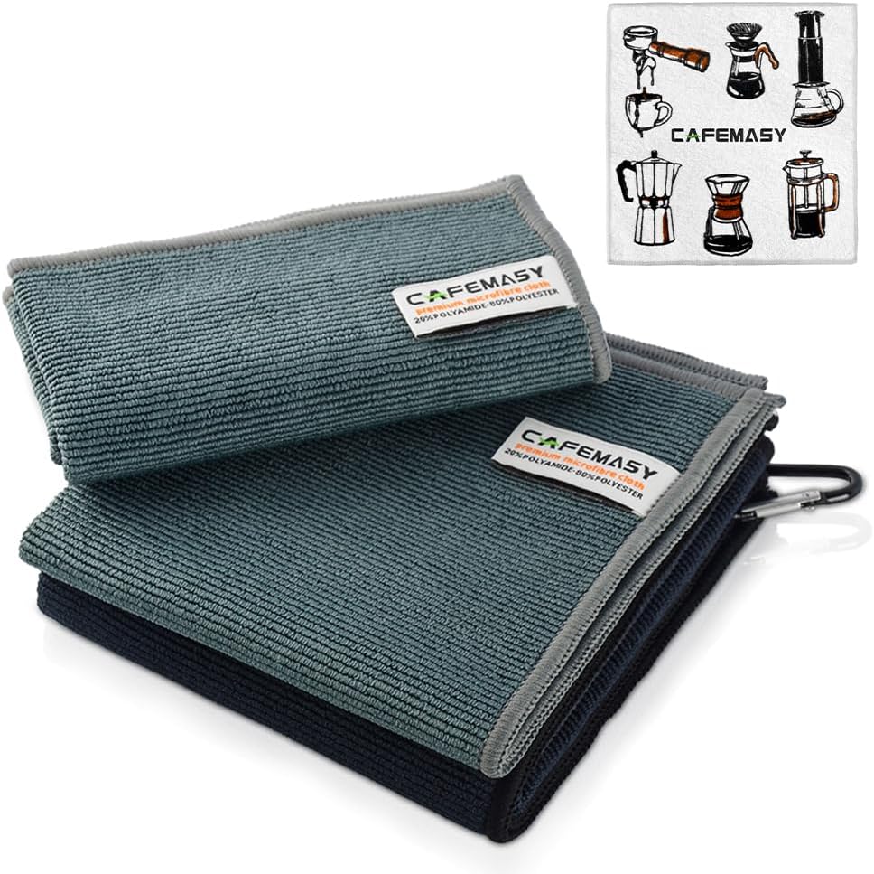 CAFEMASY Barista Cleaning Towel with Hook Set Pack of 3pcs Soft Barista Mirco Fiber Cloth for Cleaning Espresso Coffee Machine Steam Wand and Coffee Bar Counter