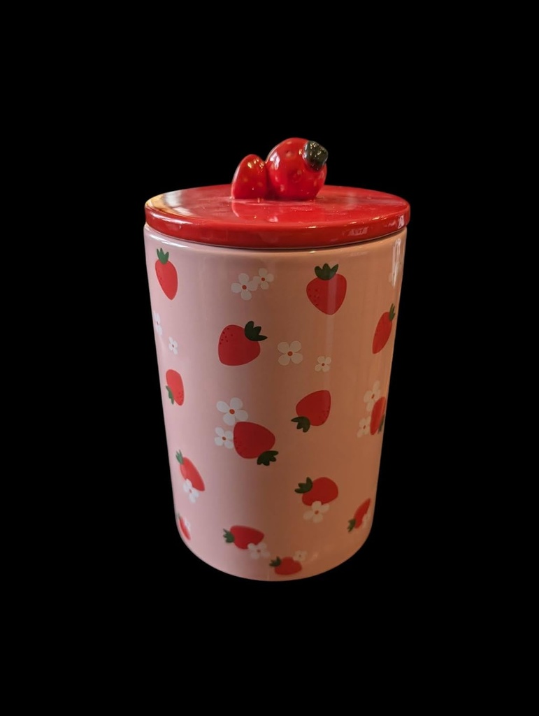 Ceramic Summer Strawberry Candy Cookie Nut Canister Jar With Lid 9 x 5 Inches White Red Green Pink