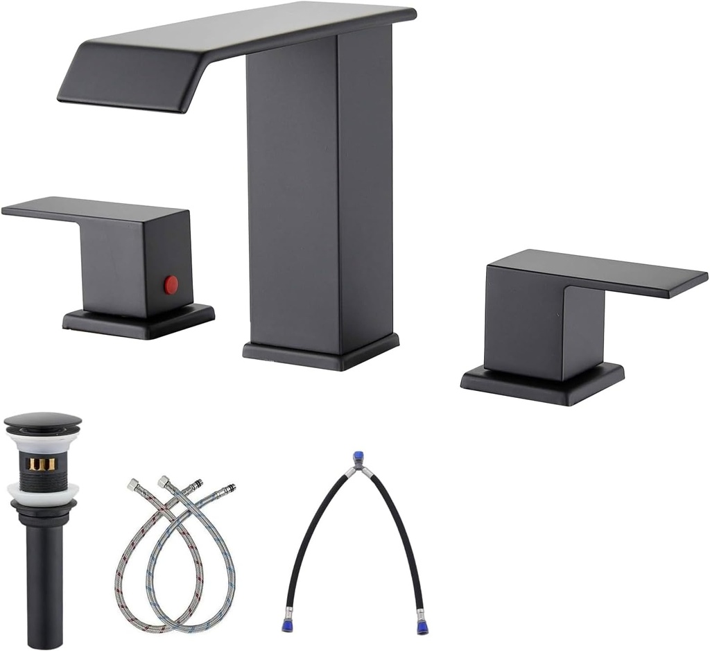 Black Widespread Bathroom Faucet for Sink 3 Hole 8 Inch 2 Handles Waterfall Bathroom Sink Faucet Modern with Metal Pop-up Drain Supply line