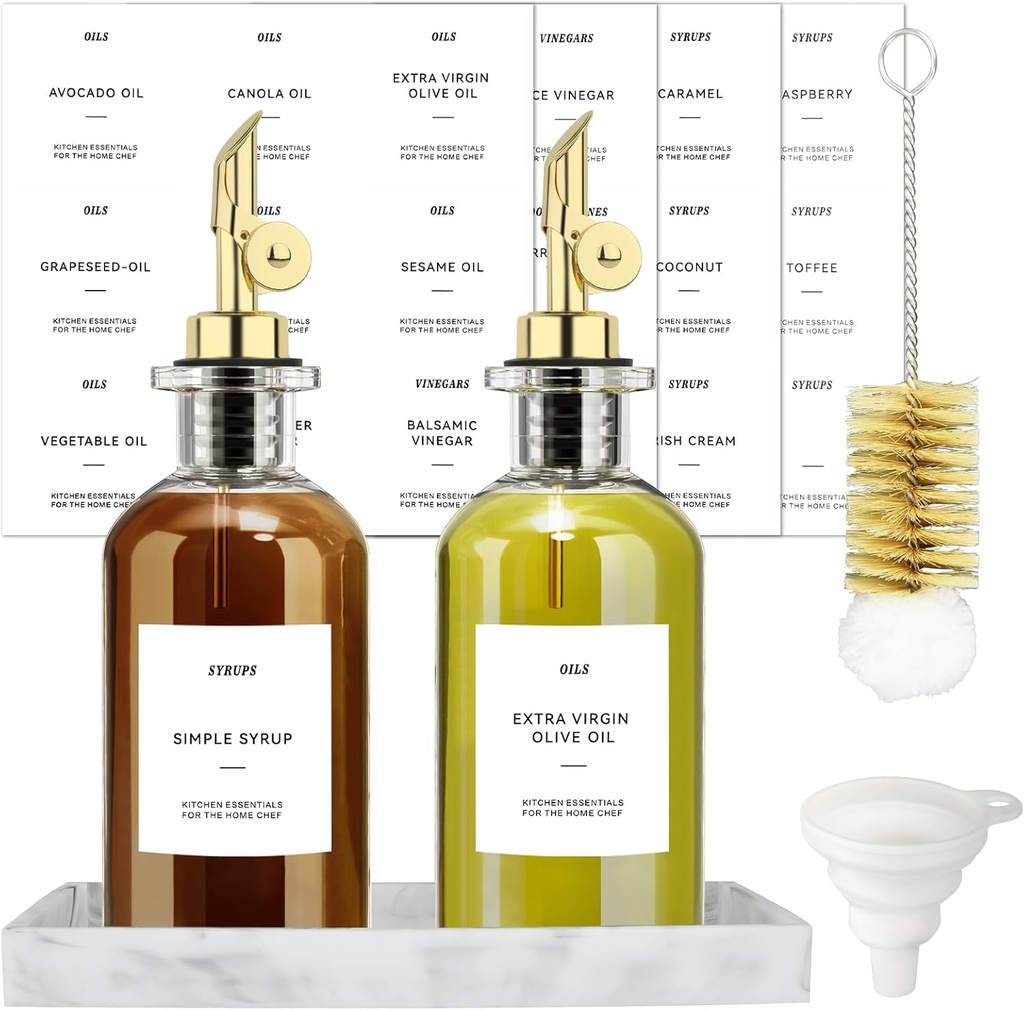 QPIX DIGITAL Gold Weighted Glass Oil and Vinegar Dispenser Set - 350ml Olive Oil Dispenser Bottle Oil Dispenser for Kitchen Perfect for Olive Oil & Avocado Oil