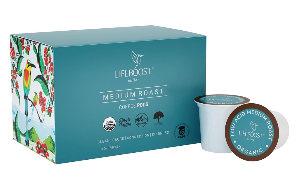 Lifeboost Medium Roast Low Acid Coffee K Cups - Single Origin Mold Free Non-GMO Organic Coffee Pods - Compatible with Keurig & Keurig 2 Machines - 10 Count