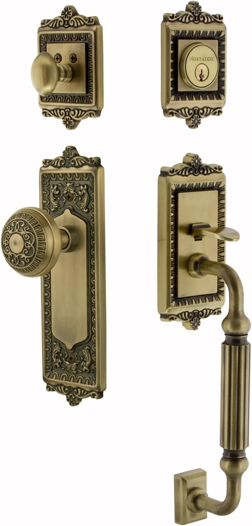 Nostalgic Warehouse 719417 Egg and Dart F Grip Entry Set & Knob, Backset - 2.375", Antique Brass