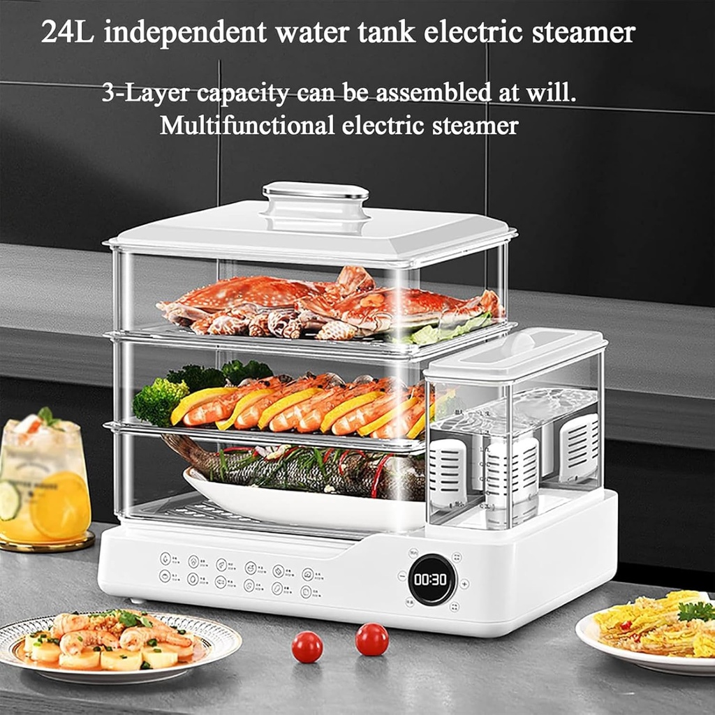 3 Layers Electric Food Steamer with Stackable Baskets, Large Capacity for Cooking Vegetables Rice Eggs & Seafood, Auto Shutoff & Boil Dry Protection