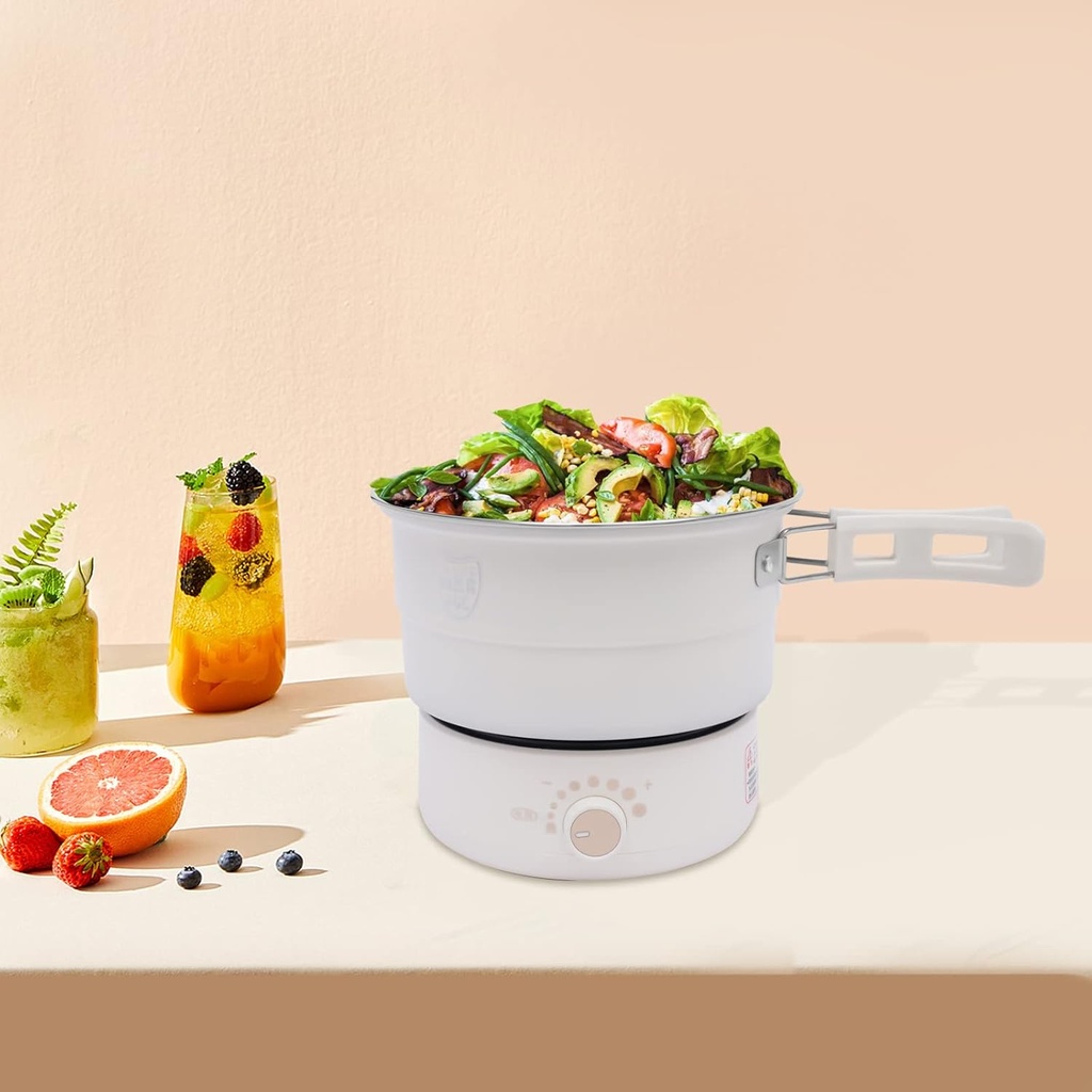 Portable Electric Hot Pot with Foldable Handles, Non-stick Frying Pan, Mini Hot Pot, 1.6L/0.42 gal 500W 110VMulti-Functional Ramen Noodle Cooker for Pasta Oatmeal with Power Adjustment (White)