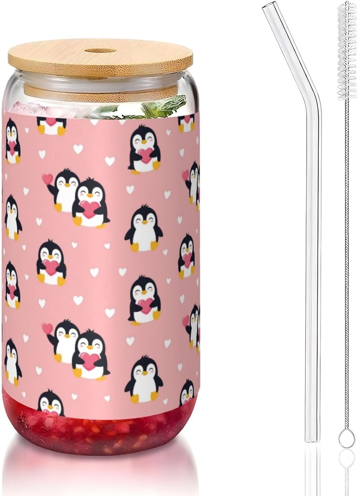 16oz Glass Tumbler with Bamboo Lids Straws, Cute Cartoon Penguin And Heart Pink, Iced Coffee Cup for Women, Reusable Smoothie Tea Glass, Birthday