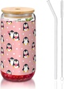 16oz Glass Tumbler with Bamboo Lids Straws, Cute Cartoon Penguin And Heart Pink, Iced Coffee Cup for Women, Reusable Smoothie Tea Glass, Birthday