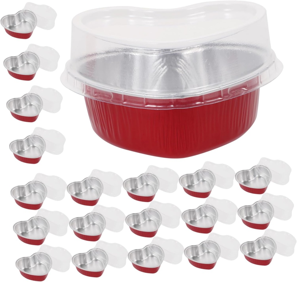 IMIKEYA 20Pcs Heart Shaped Foil Cake Holders with Lids Compact Food Safe Treat Boxes for Birthday Parties Outdoor Banquets Cupcakes and Desserts Packaging
