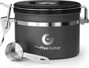 Coffee Gator Stainless Steel Coffee Grounds and Beans Container Canister with Date-Tracker, CO2-Release Valve and Measuring Scoop, Small, Gray