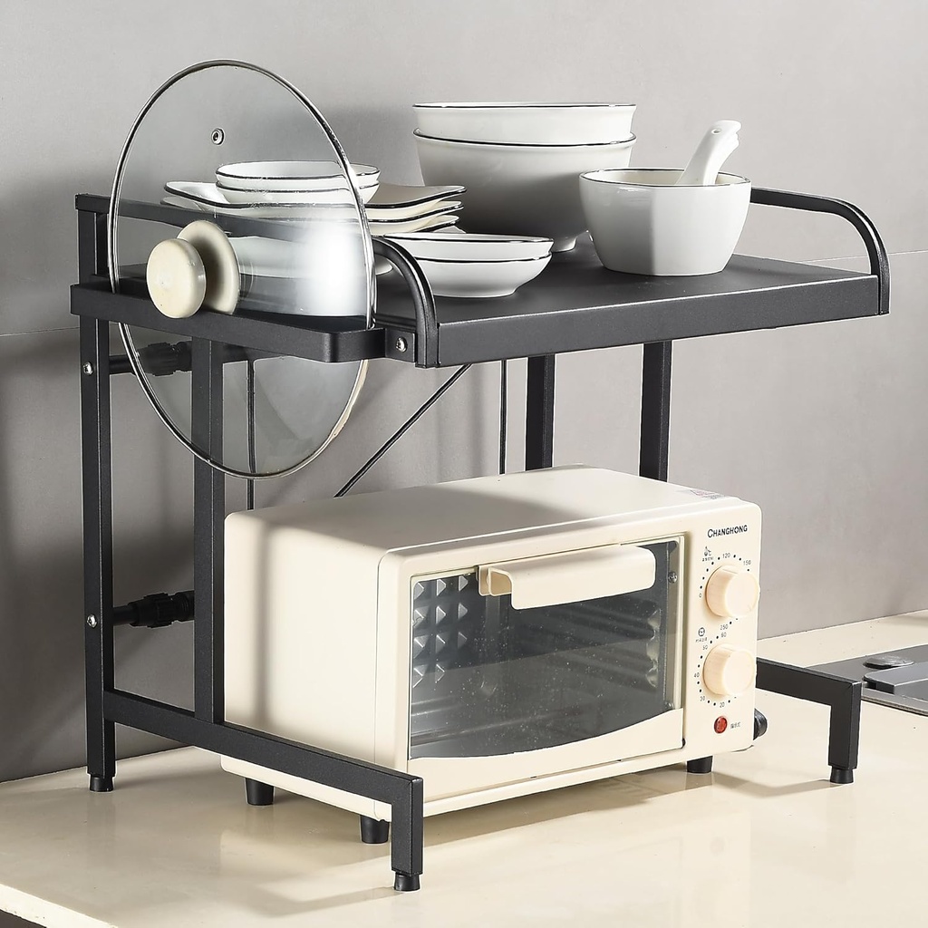 Expandable Microwave Shelf, 2 Tier Stand, Oven Rack, Bakers Rack, Kitchen Countertop Organizer Shelves, 90 lbs Weight Capacity (Arc 34cm Wide Black)