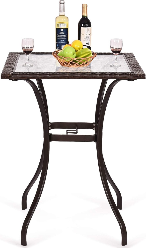 LDAILY Moccha 28.5" Patio Table, Outdoor Dining Bistro Table w/Umbrella Hole, Tempered Glass Top & Steel Frame, Backyard Balcony Furniture Garden Table