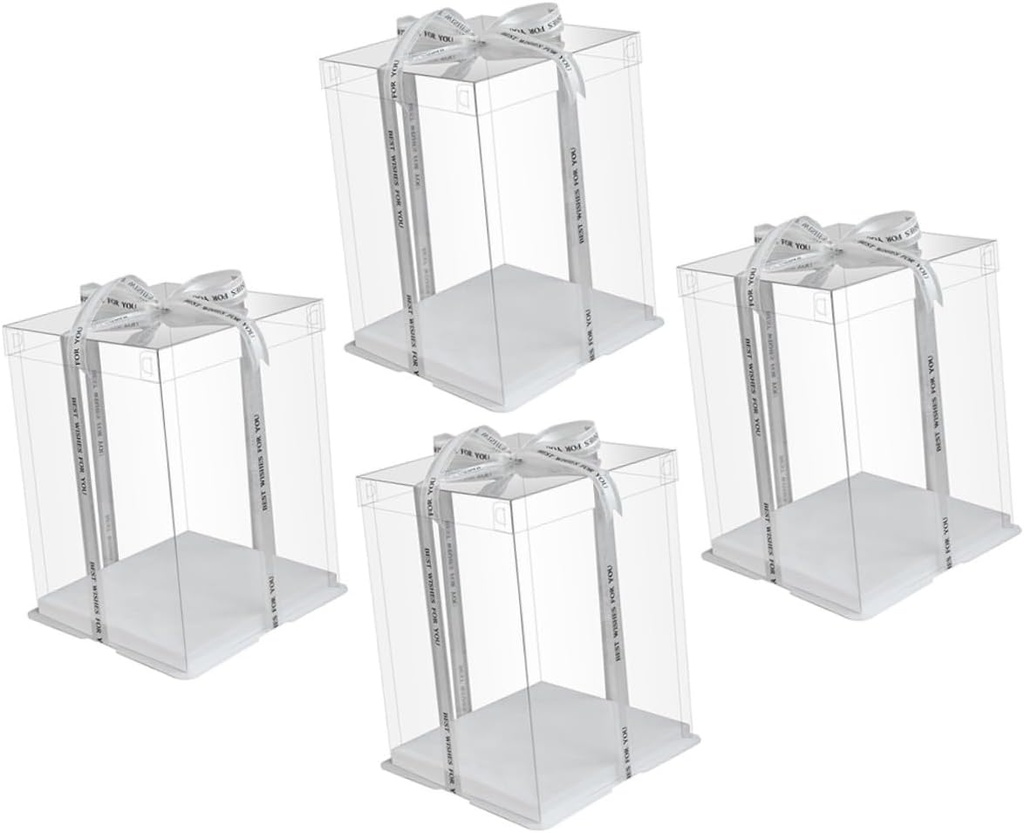 OUNONA 4 Pcs Transparent Cake Boxes Portable Clear Plastic Containers with Ribbon for Birthday Cakes and Oil Packaging for Desserts Cupcakes and Small Gifts