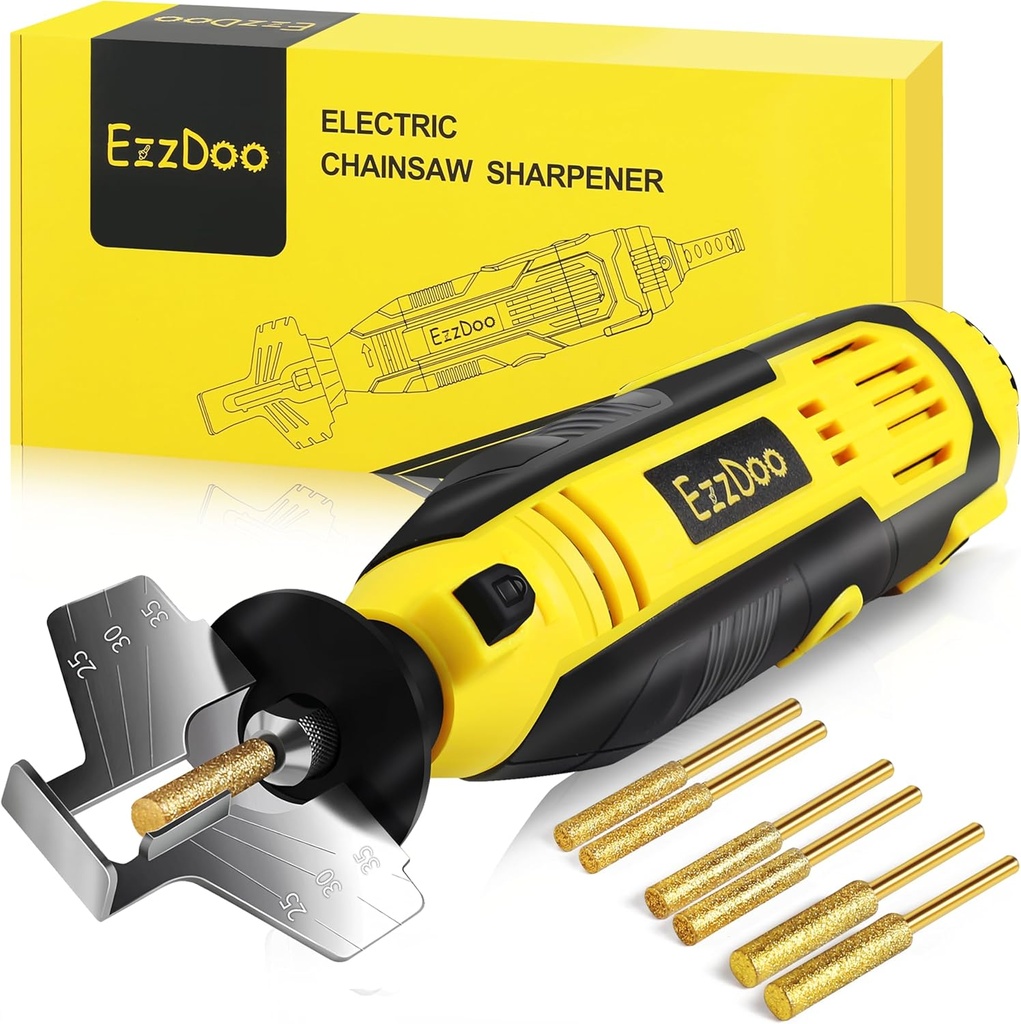 Electric Chainsaw Sharpener Kit with TITANIUM-COATED Diamond Bits - High-Speed Chain saw Sharpener Tool and 6 High Hardness Sharpening Wheels For All Chainsaw Chains.