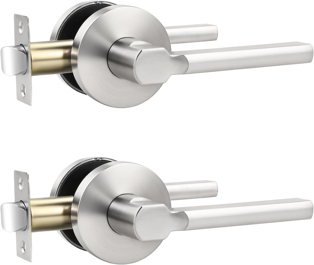 knobelite Satin Nickel Passage Door Handle,Brushed Nickel Round Interior Door Lever for Hallway and Closet,Keyless Non-Locking Door Lock,Left and Right Hand Reversible,2Pack