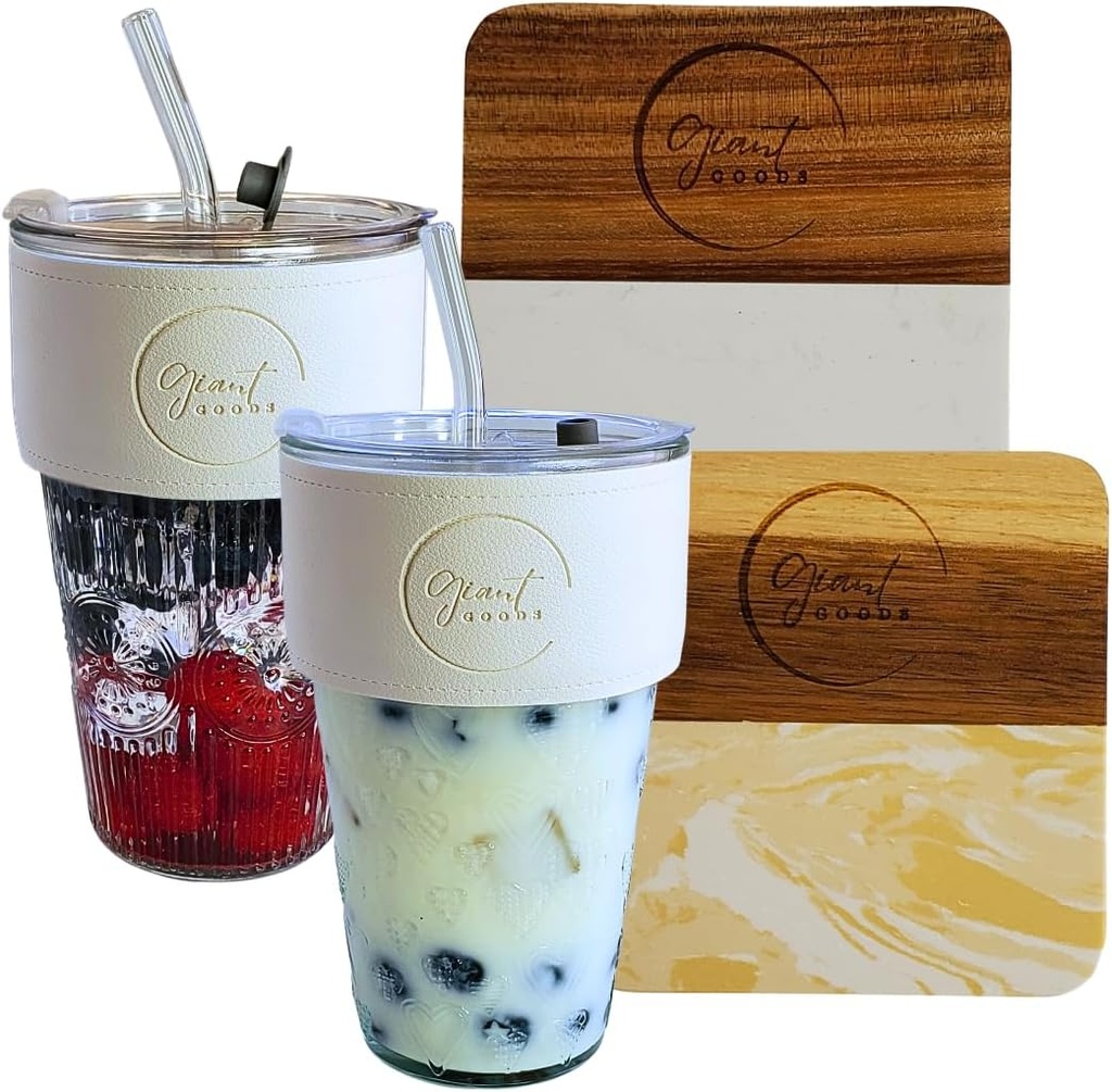 17oz Vanilla White Glass Tumblers with Glass Straw and Plastic Lid, Vegan Leather Sleeve Tumblers, 2 Free Handcrafted Square Marble and Wood Coasters, Co-op Coasters, Iced Coffee Cup, (2 Count)