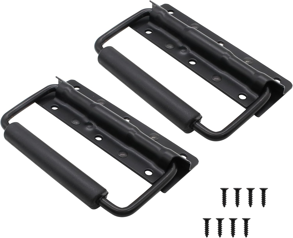 Piutouyar 4.9 Inch Spring Loaded Handle, Heavy Duty Handle Surface Mount, Folding Handle with Rubber Grip for Toolbox, Boxes,Black(2Pcs)
