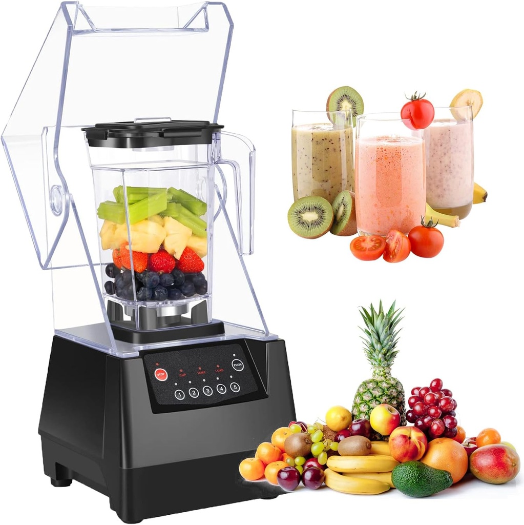 2L Soundproof Cover Blender Professional Countertop Blender With Quiet Sound Enclosure 2200W Commercial Smoothie Maker Countertop Blender for Shakes, Fruit Food Mixer Soy milk Juicer Processor