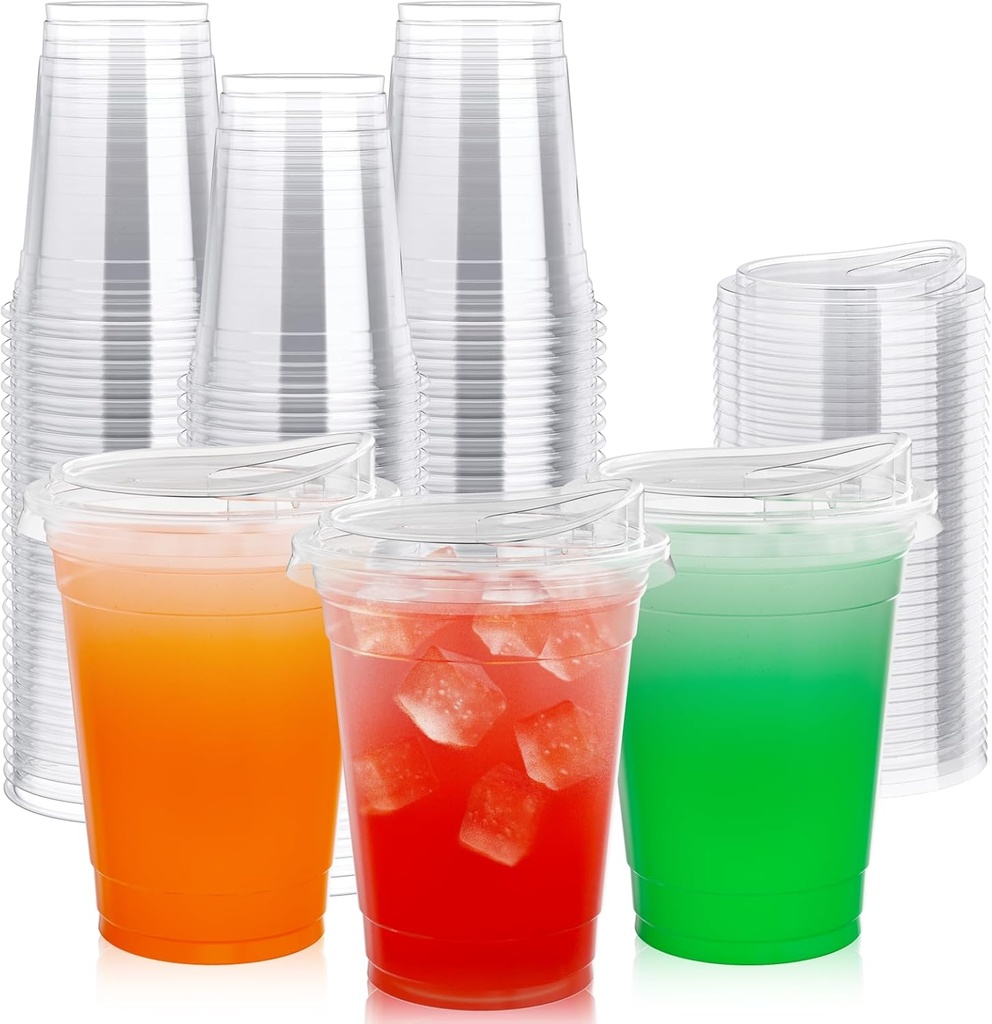 Lilymicky 16oz Clear Plastic Drinking Cups (90 Pack) with Strawless Sip Lids, Disposable Cups for Iced Coffee, Smoothie, Slurpee, or Any Cold Drinks