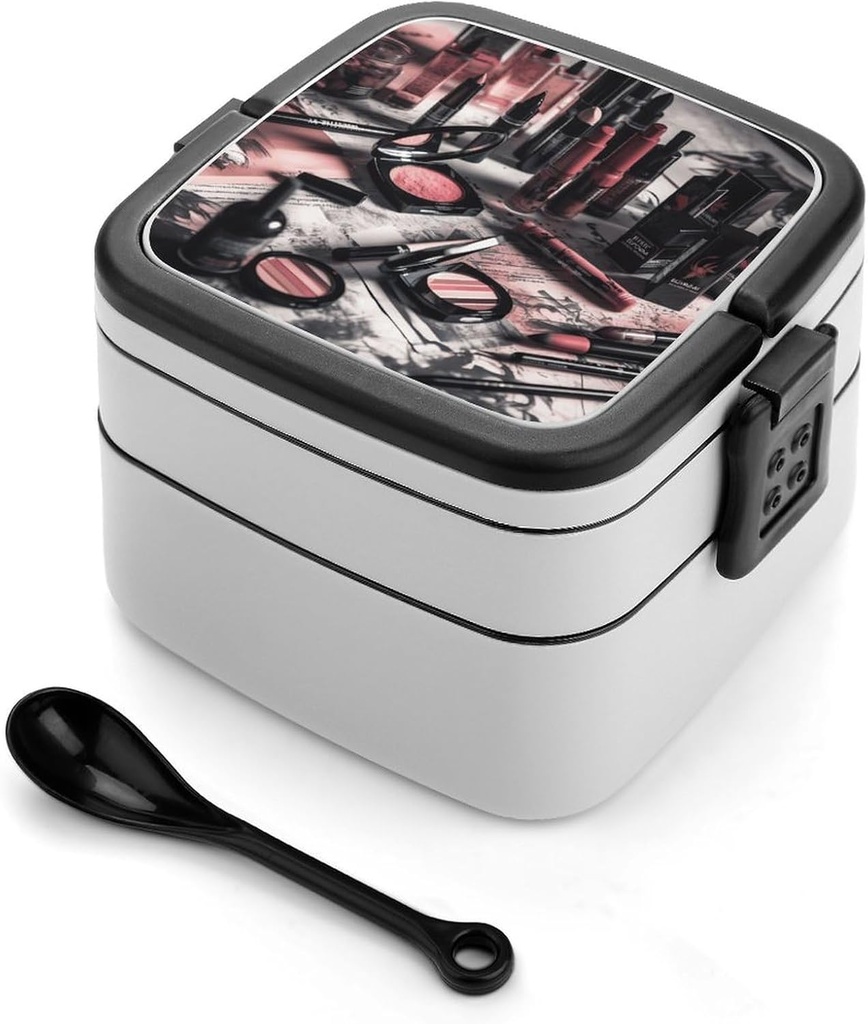 Cosmetics on The Table Bento Box Adult Lunch Box All-in-One Lunch Containers with Removable Compartments Double Layer Bento Lunch Box with Spoon And Handle Stackable Lunchbox