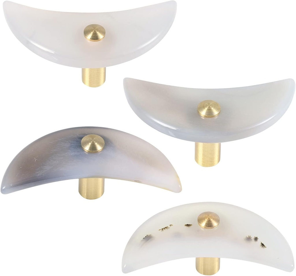 TUMBEELLUWA Set of 4 Moon Shaped Natural Agate Pull Handles for Dresser Cupboard Polished Stone Cabinet Drawer Knobs with Screws