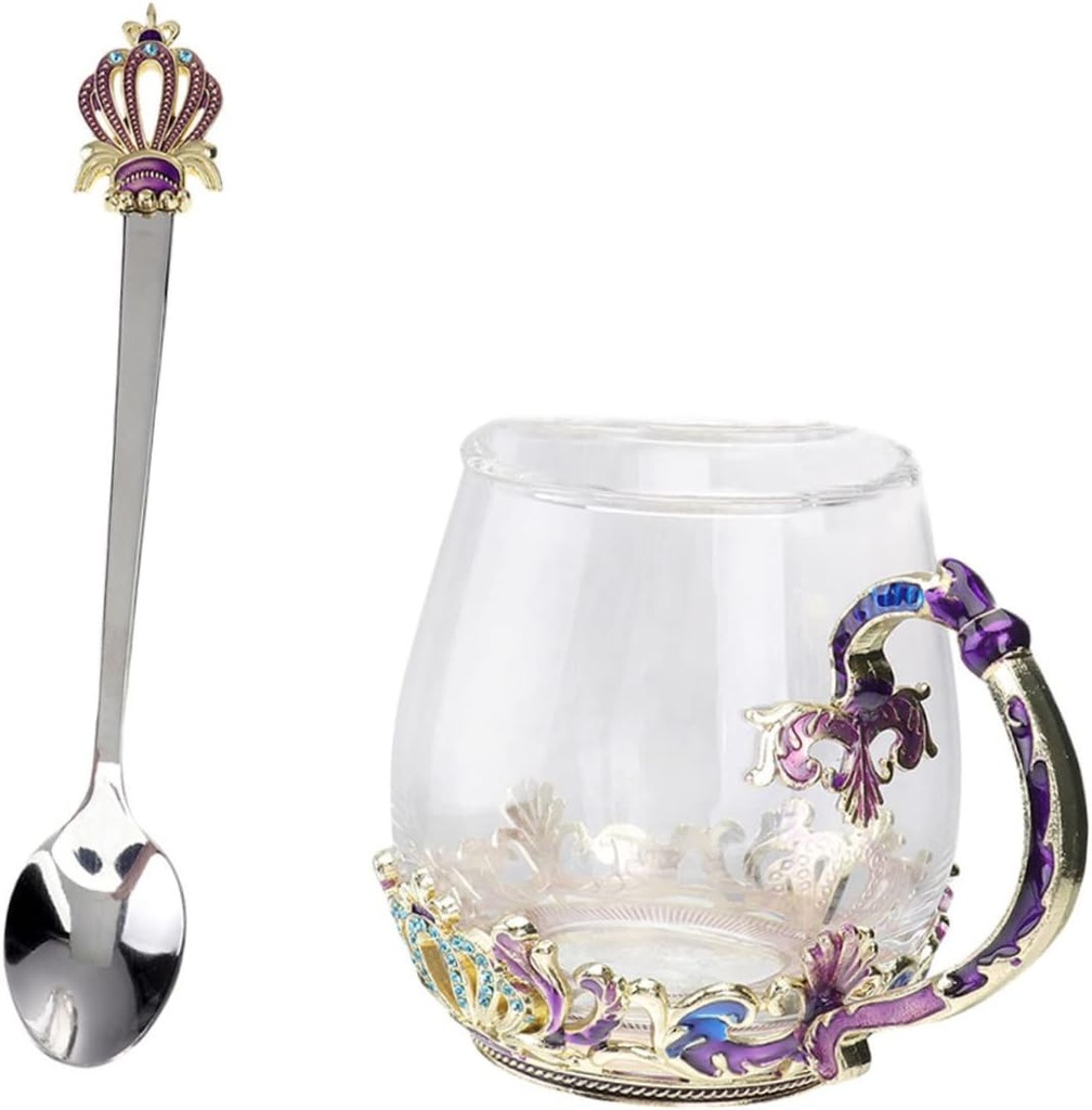 KICHOUSE Tea Cup Glass Juice Milk Water Cup with Spoon Easy Stir Ergonomic Design Unique Shape Cold Heat Resistant