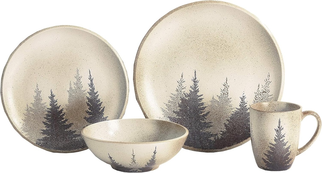 Paseo Road Rustic Dinnerware Set Clearwater Pines Ceramic 16 Piece Forest Pine Tree Theme Dishware Set with Dinner Plates, Bowls, Salad Plates, Coffee Mugs, Log Cabin Dish Set for 4