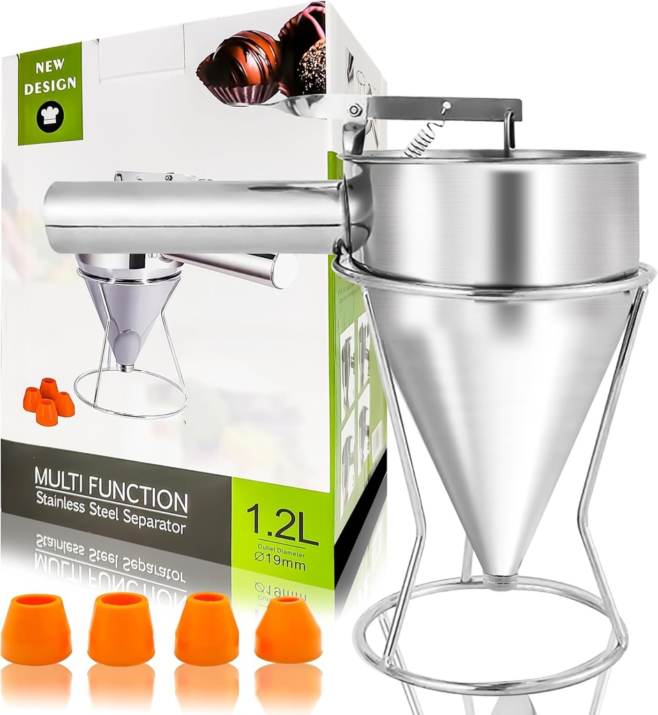 Pancake Batter Dispenser 40oz Multi-Caliber Funnel Cake Dispenser Stainless Steel Funnel Cake Dispense with Stand Great for Pancakes, Cupcakes and Baked Goods