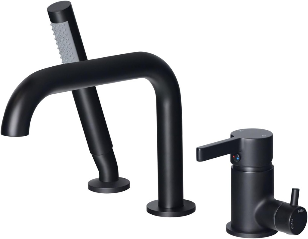 Roman Tub Faucet With Sprayer,Deck Mount Tub Faucet With Sprayer,High Flow 3-Holes Single-Handle Widespread Brass Rotatable Bathtub Filler With Hand Shower,Matte Black,5Y3MK