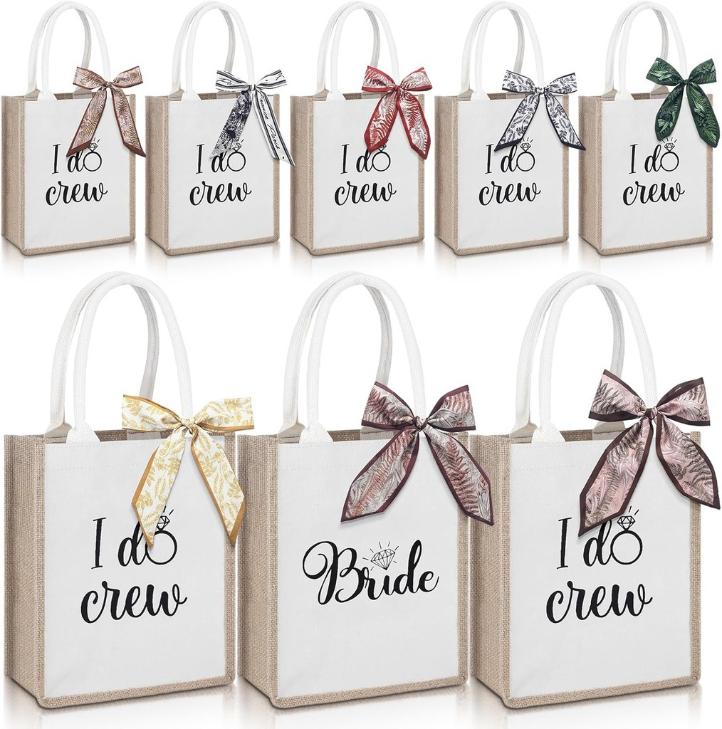 Sweetude 8 Pack Wedding Bride Tote Bags with Vintage Ribbons Beach Burlap Reusable Grocery Bags with Handles I Do Crew Totes Bulk for Women Bridal Shower Bachelorette Party