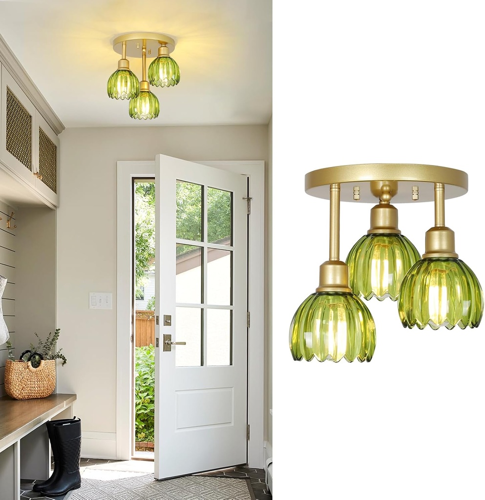 3-Light Semi Flush Mount Ceiling Light Fixture, Mid Century Gold Close to Ceiling Light, Flower Kitchen Lighting with Green Glass Shade, Vintage Hallway Light Fixtures for Foyer Entryway Bedroom