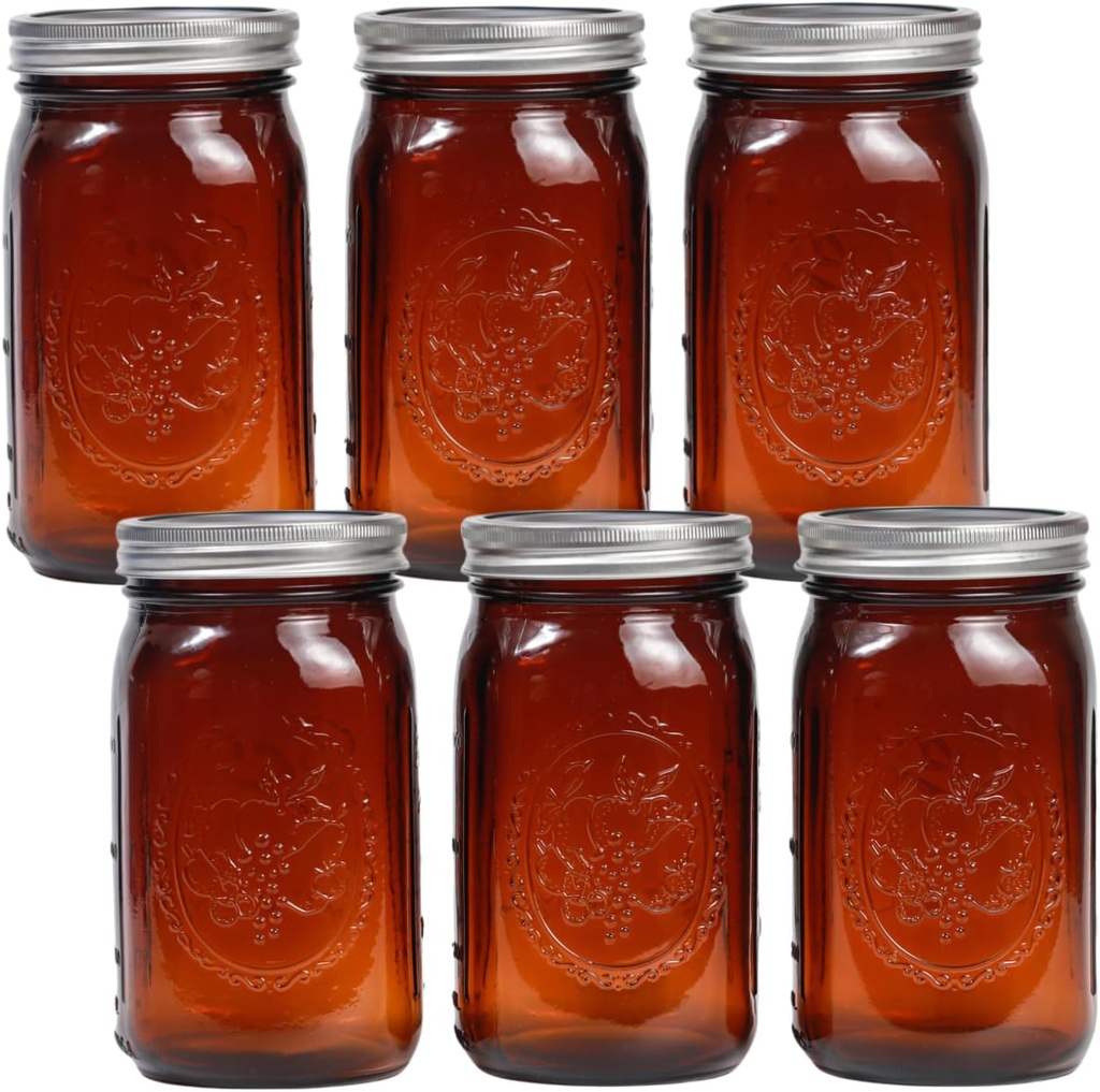 6 Pack 32 oz Amber Wide Mouth Mason Jars with Airtight Lids and Black Plastic Mason Jar Lids, Amber Canning Jars with Lid
