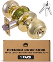 Door Knob with Keyed Lock Easy Install Brass Door Knobs Interior Exterior Safe Secure Entry Satin Brass Universal Fit Brushed Door Knob Closet Bedroom Bathroom Polished Elegant Design (Gold, 1 Pack)
