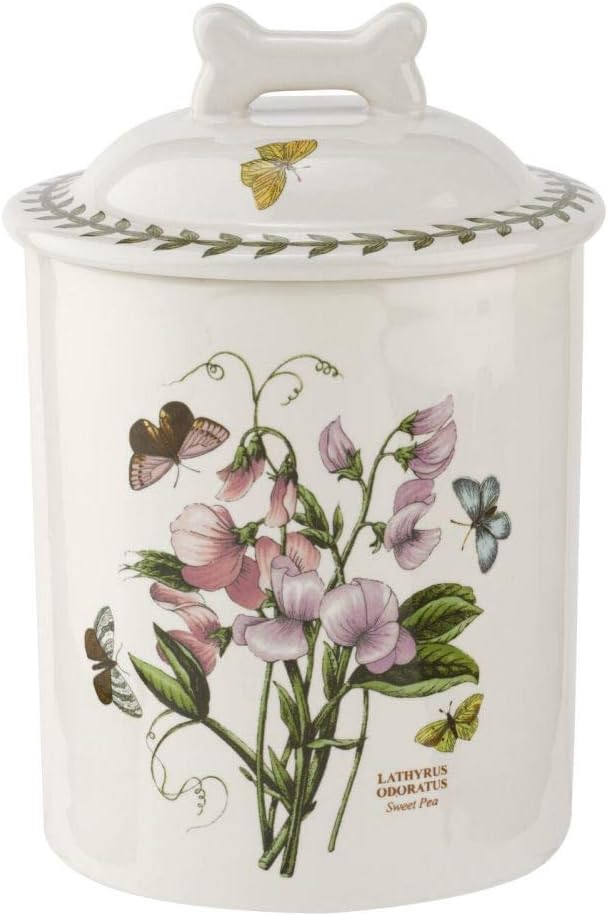 Portmeirion Botanic Garden 7-Inch Pet Treat Jar - Sweet Pea Motif with Bone-Shaped Handle, Fine Porcelain Luxury Pet Essentials - Dishwasher, Microwave, & Freezer Safe for Versatile Use
