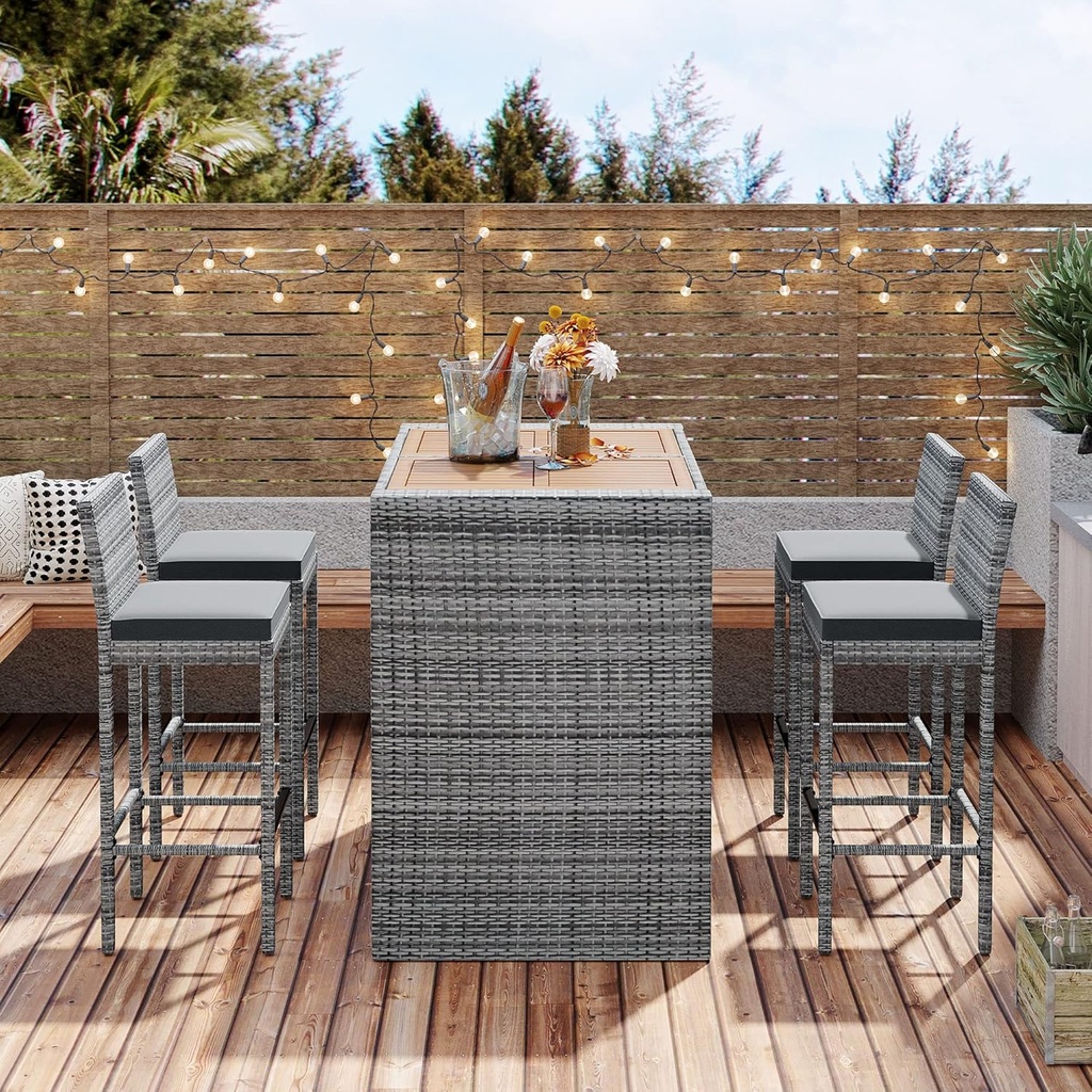LUMISOL 5-Pieces Outdoor Patio Wicker Bar Set, Bar Height Chairs with Non-Slip Feet and Fixed Rope, Removable Cushion and Acacia Wood Table Top, Brown Wood and Gray Wicker