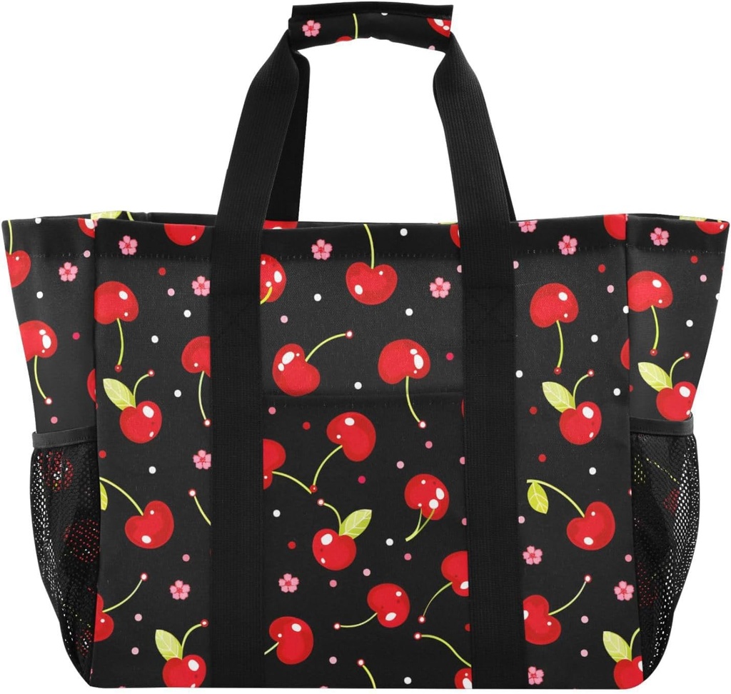 ALAZA Cherry Flower on Black Large Reusable Grocery Bag Heavy Duty Reusable Shopping Bag with Reinforced Bottom Handles Foldable Bag