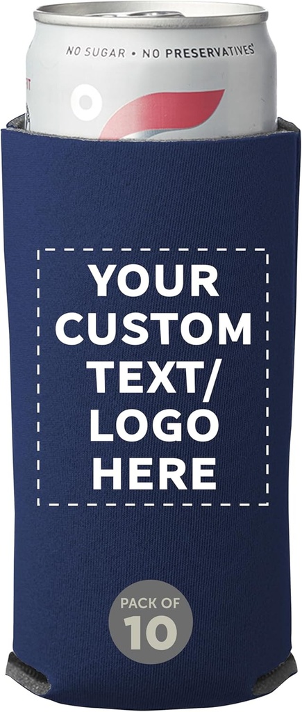 DISCOUNT PROMOS Custom Collapsible Slim Can Coolers Set of 10, Personalized Bulk Pack - Holds Most 12 to 16 oz. Slim Cans, Insulated Cooler, Portable and Lightweight - Navy