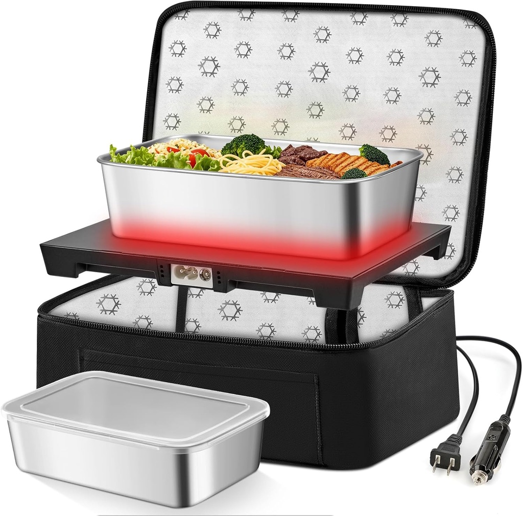 Portable Oven with a Lunch Box Electric Food Warmer 12V/24V/110V 3-in-1 Car Mini Food Heater Heated Lunch Box for Men Women Adults Work Car Truck Travel Office Home Use Black