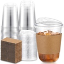Baderke 50 Sets Clear Plastic Coffee Cups with Sip Lids and Cup Sleeve, Disposable Clear Pet Cups for Iced Coffee Cold Beverage, Shops and Party Catering (16 oz)