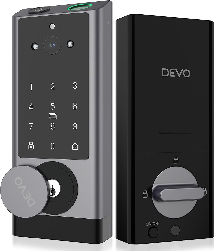 DEVO G1 WiFi Smart Lock with Camera, 6-in-1 Front Door Lock with Fingerprint & Video Doorbell, Auto-Locks, App Control, Easy Install Deadbolt, IP65 Waterproof