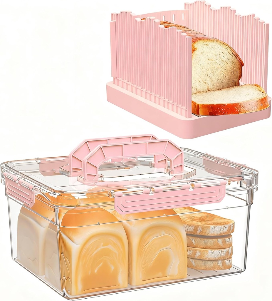 Bread Box with Slicer, Portable Airtight Bread Storage Container with Lid Handle for Kitchen Counter, Bread Keeper for Homemade Bread,Toast, Bagel, Cookies, Pink