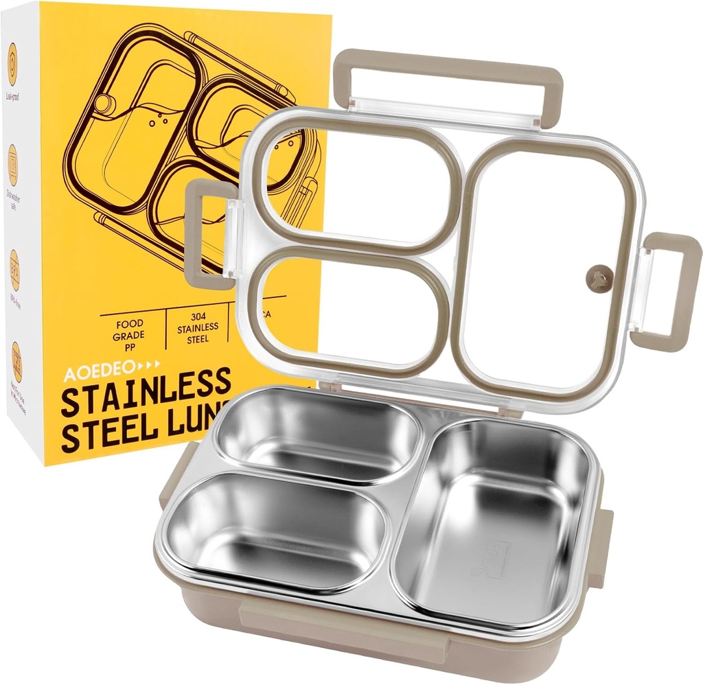 Stainless Steel Lunch Box, 3 Compartments Metal Bento Box for Kids, 25oz Lunch Container with Leakproof Lid, Divided Meal Prep Box for Adults, Kids - Ideal for Office, School, Healthy Eating