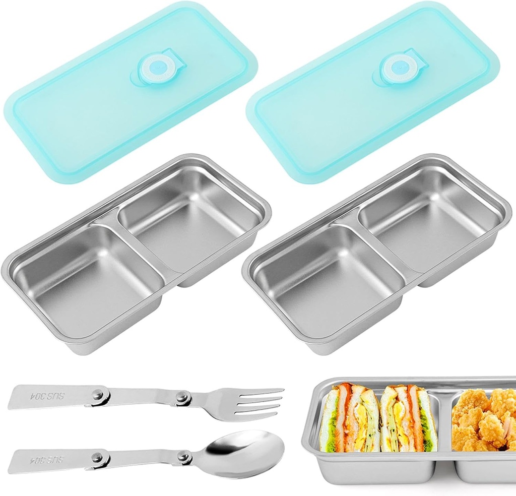 2pcs Grab and Go Snack Container Stainless Steel With Spoon & Fork, Reusable Snack Condiment Containers with Lids, 2 Compartment Lunch Meal Container for Travel Outdoor Camping