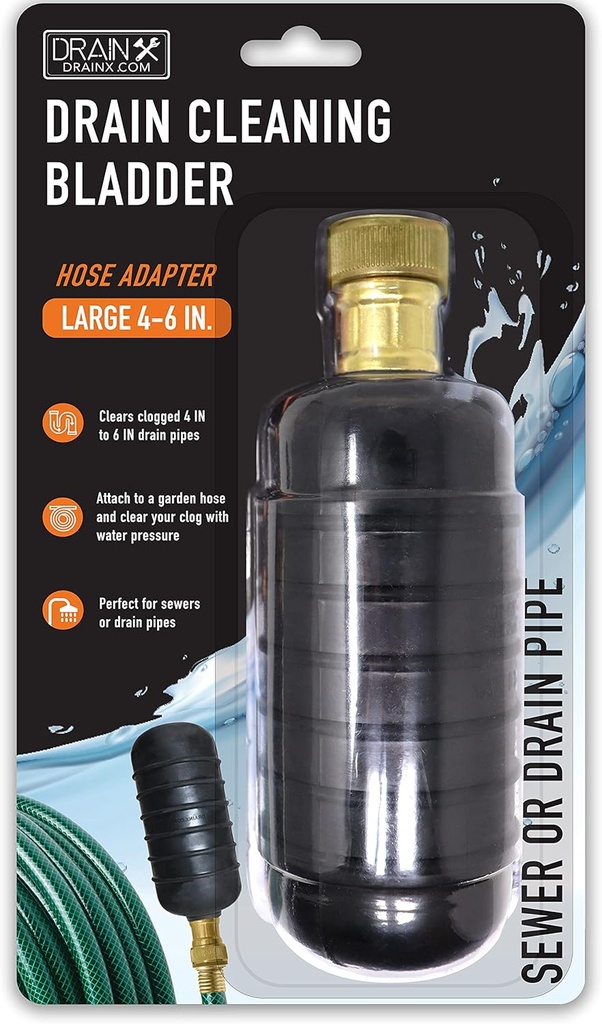 DrainX Hydro Pressure Drain Cleaning Bladder - Fits 4" to 6" Drain Pipes - Unclogs Stubborn Blockages in Bathroom Sinks, Shower Drains, Bathtubs, Plumbing Pipes