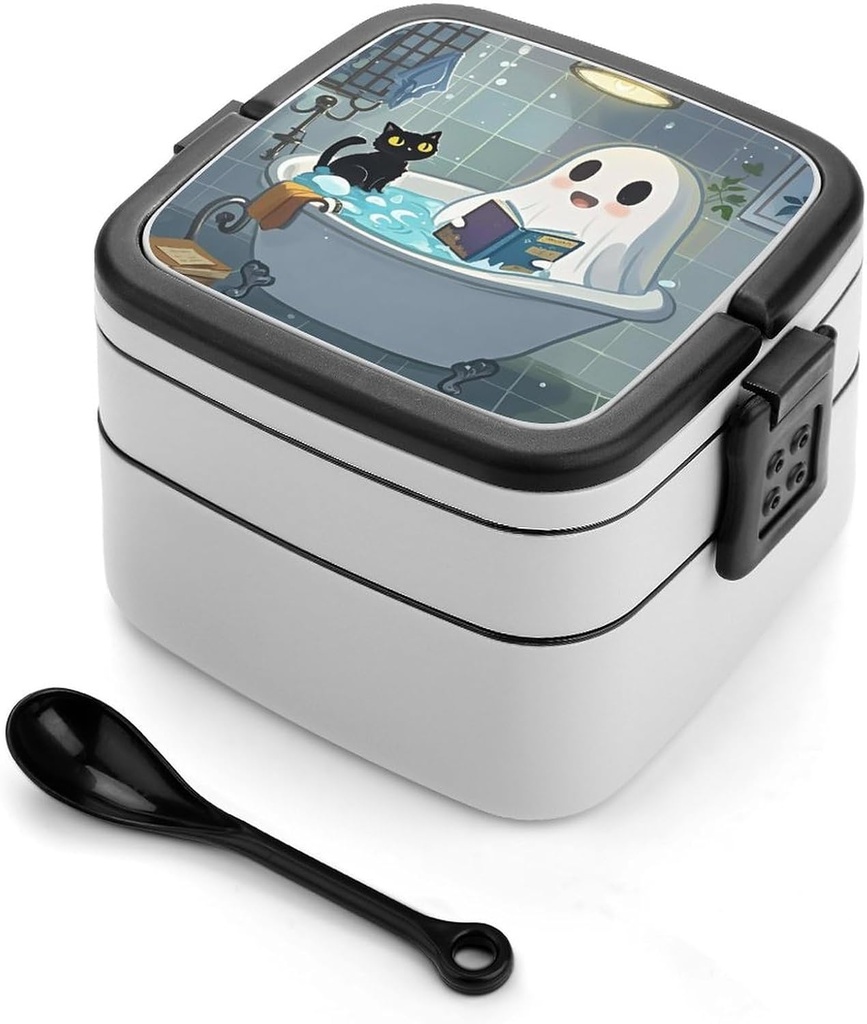 Bento Box Stackable 2 Layers Containers Adult Lunch Box Cute Ghost And Black Cat Lunchbox for Women Men All-in-One Meal Prep Containers Leakproof Lunch Containers for Work