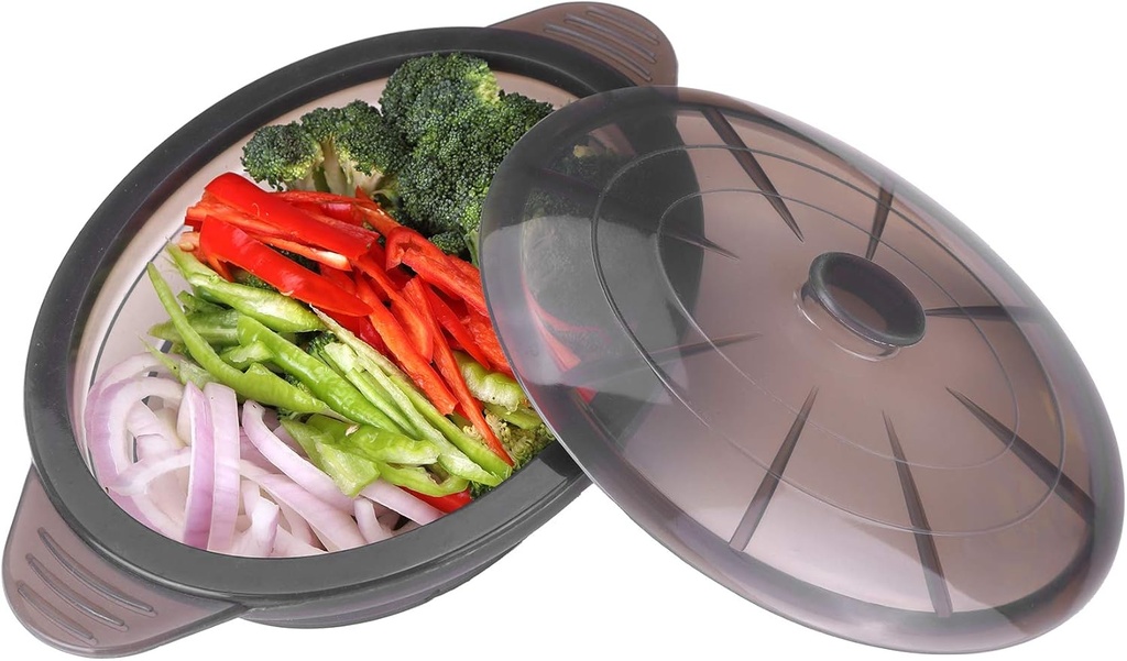 Microwave Steamer Cooker Collapsible Bowl-Silicone Steamer Cookware with Handle Lid for Vegetables Fish Prep Meal Food with Removable Rack BPA Free, Easy to Store, Freezer & Dishwasher Safe, Black