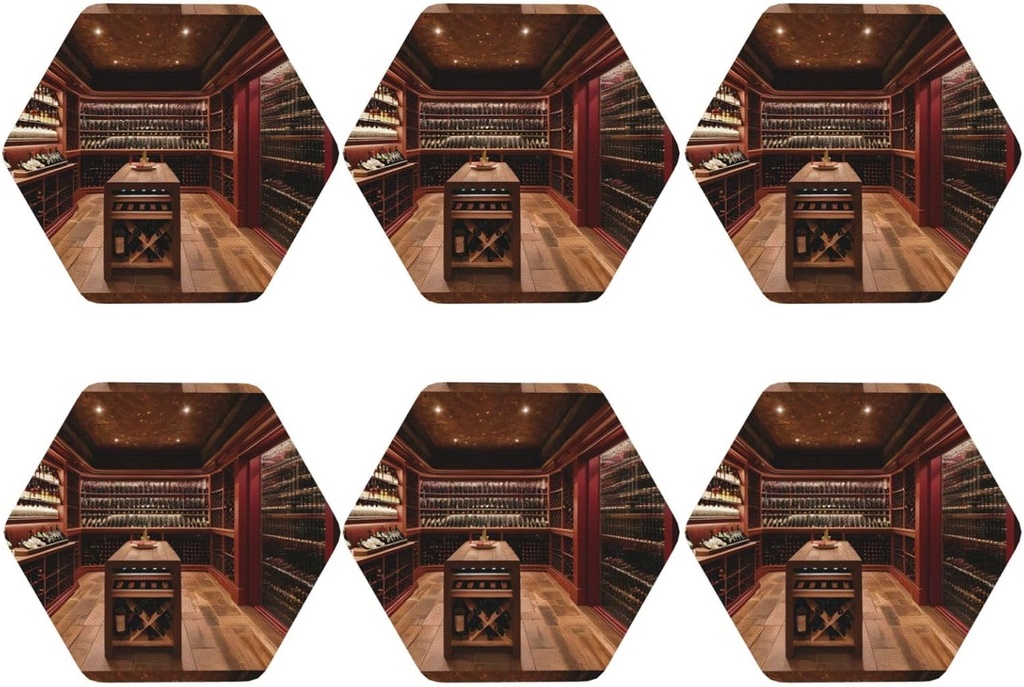 Red Wine Cellar Print Drink Coasters Set of 6 Multiple Shapes PVC Leather Coasters Cup Mat Table Decor